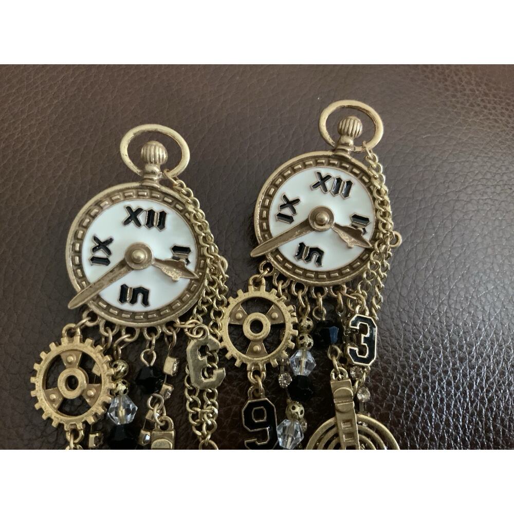 Museum Retro Clock Earrings Gold Chain CZ Steampunk Statement Art Boho Gear VTG - Picture 8 of 9